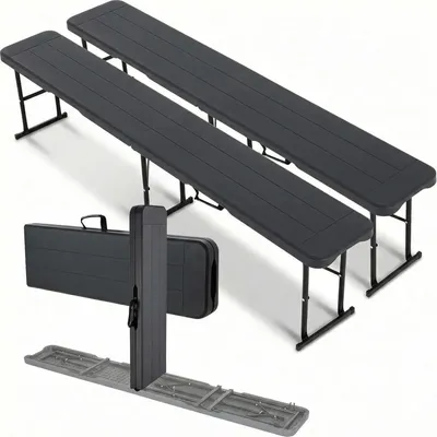 Zdjęcie produktu dla Zestaw dwóch składanych ławek ogrodowych i kempingowych - 183 cm - wykonane z tworzywa sztucznego HDPE - rama metalowa - uchwyt do przenoszenia - udźwig do 500 kg - kolor: ciemnoszary