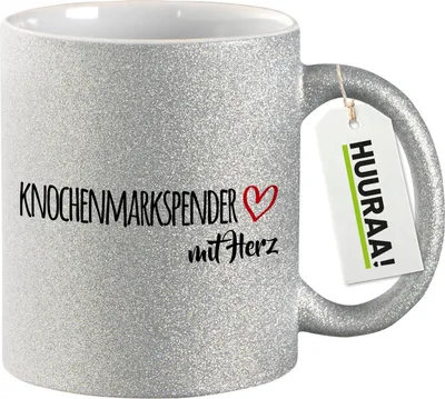 Produktbild von Huuraa Glitzertasse Knochenmarkspender mit Herz 330ml Silber Keramik Kaffeebecher Geschenkidee