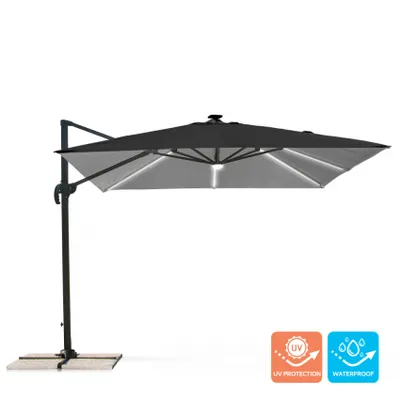 A black cantilever umbrella with LED solar lights, shown on a white background with feature icons.