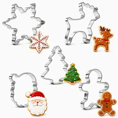 Immagine prodotto di Stampini per biscotti natalizi, set da 5 pezzi, in acciaio inossidabile: omino di pan di zenzero, albero di Natale, fiocco di neve, renna, Babbo Natale