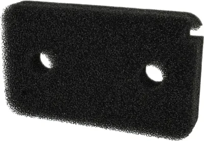 A black foam filter with two circular holes and a notch at the top right.