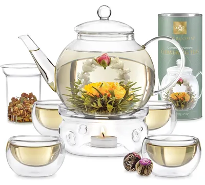 Teeset mit Glasteekanne 1,2 l, 4 Gläsern, Sieb & 12 Blütentees