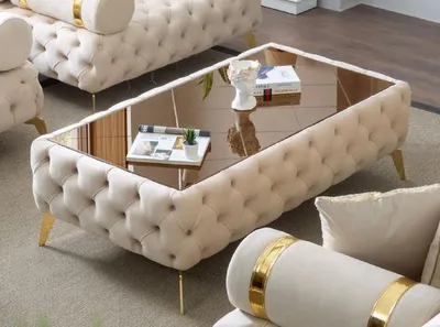 Immagine prodotto di Casa Padrino tavolino Chesterfield crema / oro / marrone 140 x 80 x h. 45 cm - Tavolo da soggiorno con piano in vetro - Mobili da soggiorno - Mobili Chesterfield - Mobili - Arredi