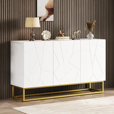 Image de OKWISH Buffet 3 Portes avec Étagères Réglables, Armoire de Rangement Moderne Haute Brillance, Panneau de Particules et Pieds Métal - 130x38x76 cm - Blanc/Doré