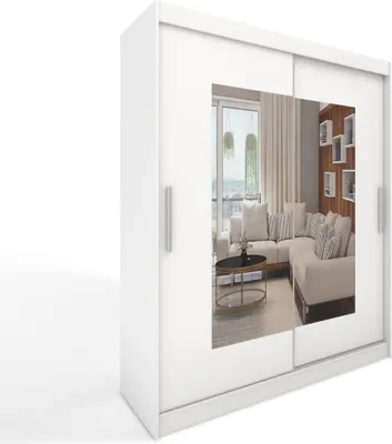 Produktbild von Easy Furniture B7 Schiebetüren Kleiderschrank 180 x 215 x 58 cm mit Spiegel - Schlafzimmermöbel, Aufbewahrung - Mehrzweckschrank - Farbe: Weiß - 2 Schiebetüren