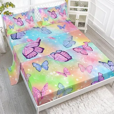 Produktbild von Famanu Bettwäsche Set - Dekoratives Bettbezug und Laken - Weiche Mikrofaser - 4-teilig - Regenbogen Schmetterling