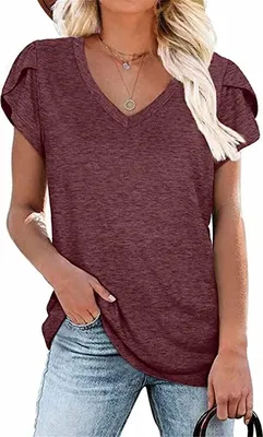 Produktbild von ASKSA Damen V-Ausschnitt Kurzarm T-Shirt Blütenblatt Ärmel Tops Shirts Sommer Casual Tunika Oberteile, Weinrot, XXL