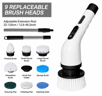 Image de Brosse de nettoyage électrique - Brosse rotative 9-en-1 - Sans fil - Rechargeable - Écran numérique - 1800 mAh - Manche télescopique réglable - Plusieurs têtes de brosse