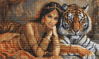A woman and a tiger are depicted in a regal, artistic style.