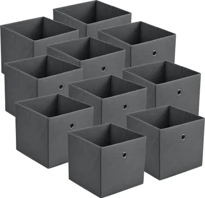 A set of dark gray storage boxes arranged in a grid.