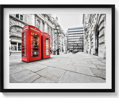 Produktbild von Rote Telefonzellen London– Wandbild mit Rahmen – Gerahmtes Bild  – Wanddekoration – 80x60 cm –  Schwarz Rahmen