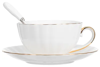 Produktbild von Kaffeetassen Set mit Untertasse aus Knochenporzellan mit Goldrand, Weiß, 14 cm