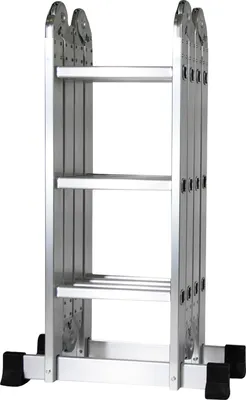 A silver multi-purpose ladder is shown against a white background.