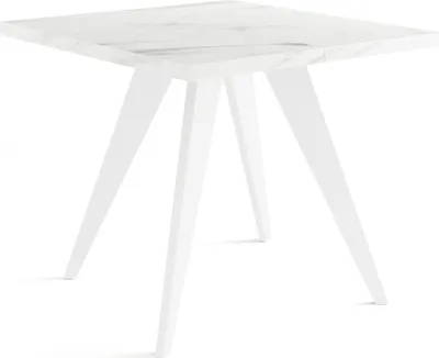 Produktbild von Quadratischer Ausziehbarer Esstisch Quadro in Weißer Marmoroptik 100-150 cm - Industrial Esszimmertisch mit Weißen Holzbeinen für 4-6 Personen - Loft-Stil Küchentisch - Marmor Weiß