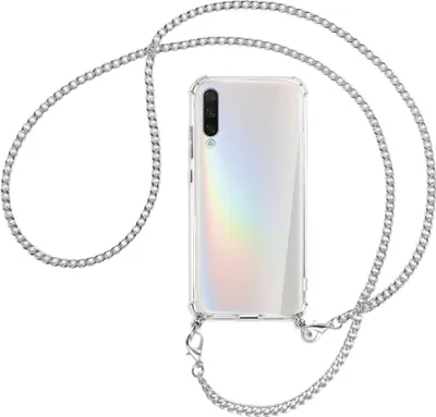 Produktbild von Handykette Backcover-Schutzhülle mit Band (Metall silberfarben) für Xiaomi Mi A3 / Mi CC9e - silberfarbene Kette