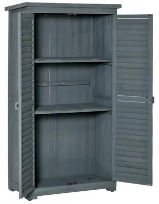 Image de Abri de jardin résistant aux intempéries, armoire de jardin en bois de pin, remise avec toit à une pente et porte à lamelles, couleur grise | 14 kg | 3 compartiments | 87 x 46,5 x 160 cm