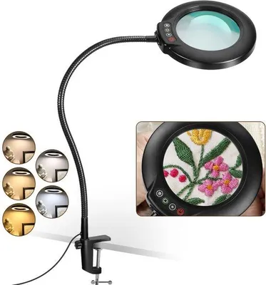 Immagine prodotto di Lampada da tavolo con lente d'ingrandimento a mani libere Unyqoos® – Ingrandimento 10x, lente diottrica da 4,3 pollici, braccio flessibile in metallo da 58 cm, LED dimmerabili (5 modalità di colore, 10 livelli di luminosità), morsetto fino a 5,5 cm