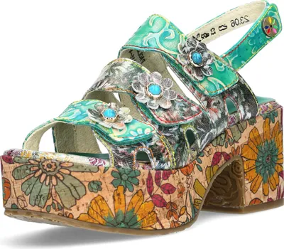 Produktbild von Laura Vita Damen Sandalette Leder Plateau Blumen Muster floral Cutouts Paulao 04, Größe:40 EU, Farbe:Türkis