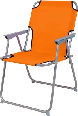 A studio shot of an orange camping chair against a white background.