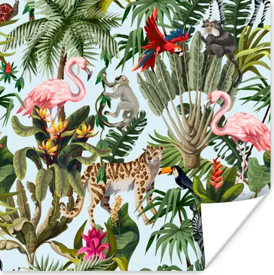 Produktbild von MuchoWow® Poster Dschungel - Tiere - Mädchen - Kinder - Jungen - Flamingo - Papagei 30x30 cm - Wandposter - Printing
