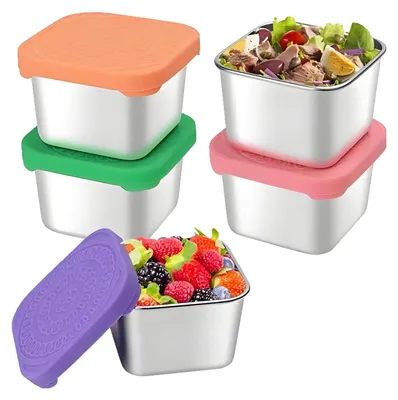 Produktbild von 4 Stück 180 ml Edelstahl-Snackbehälter, Metall-Lebensmittelbehälter mit Silikondeckeln, stapelbare kleine Lunchboxen, spülmaschinenfeste Lunchboxen für Picknicks, Schule, Arbeit und Reisen.