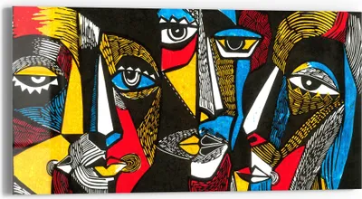Produktbild von DEQORI Glasbild Echtglas 60x30 cm 'Linolschnitt Gesichter' Wandbild Bild modern Deko