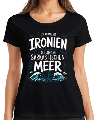 Immagine prodotto di T-shirt da donna, colore nero, taglia XL, con scritta "Ironia, sarcasmo, mare, ancora"