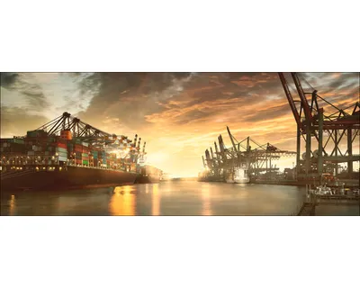 Produktbild von Glasbild Hamburg Hafen Sonnenuntergang I 125x50 cm