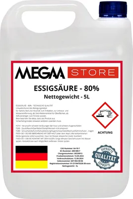 Produktbild von Megaastore Essigsäure 80% (E260) (UN2790) | Ideal als Reiniger und Entkalker für Haus und Terrase | 5 Liter