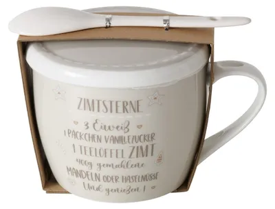 Produktbild von Porzellanbecher mit Deckel und Löffel, BAKERY, 600 ml