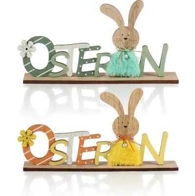 Produktbild von com-four® 2x Deko Aufsteller für Ostern - Schriftzug mit Osterhasen - Osterdeko zum Hinstellen - Osterdekoration aus Holz und Glöckchen