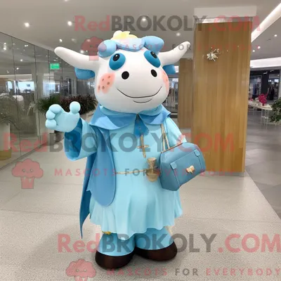 Produktbild von Maskottchen REDBROKOLY einer himmelblauen Kuh mit Wickelrock und Messengerbag