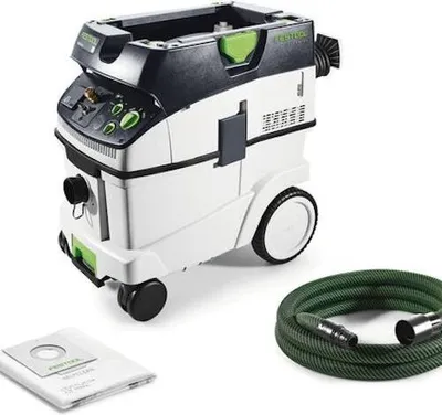A Festool CTM 36 E LE 574990 dust extractor with a hose and dust bag.