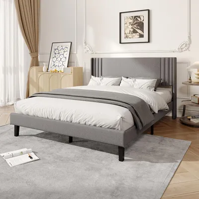 Produktbild von UnboxG Graues Leinenbett 160x200cm, einfaches Modernes Polsterbett mit Lattenrost, stabil und geräuschlos für Schlafzimmer & Jugendzimmer