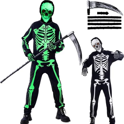 Zdjęcie produktu dla Kostium szkieletu 138 cm, z kosą, świecący, kostium na Halloween dla dzieci