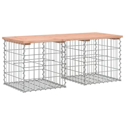 A gabion bench with a wooden top, shown against a white background.
