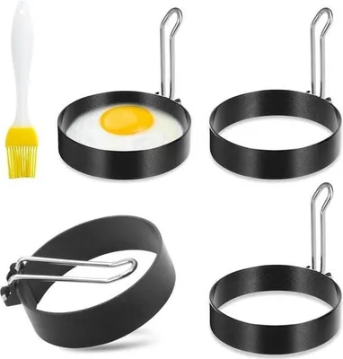 Produktbild von Spiegeleierform aus Edelstahl, 4-teilig - runde Spiegeleierformen - Antihaftbeschichtung - klappbare Griffe - Ölpinsel - Pfannenformen - Spiegeleier.