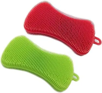 Obrázek produktu pro Silikonové houbičky (balení 2 ks), silikonová houbička na mytí nádobí, kuchyňský čisticí kartáč, žáruvzdorný, s nepřilnavým povrchem (na drhnutí, kartáčování a mytí)
