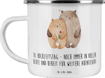 Produktbild von Mr. & Mrs. Panda Pott 10. Hochzeitstag Rosenhochzeit - Weiß - Geschenk, Liebe und Hingabe, Emaille Becher, Teetasse, Heiraten, Heirat, Dekade, Haferl, Geschenke, Tasse