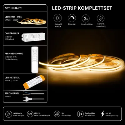 Produktbild von LED Streifen Set Kaltweiß – COB LED Streifen 24V, punktfrei, 14 W/m, 5m, 6000K, CRI 90, IP65 – SS100 Netzteil, WL5 WiFi Controller und C1 Fernbedienung Weiß