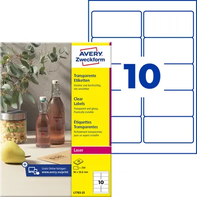 Produktbild von Avery Zweckform L7783-25, Transparente Etiketten, A4, 96 x 50,8 mm, 250 Etiketten / 25 Bögen, transparent