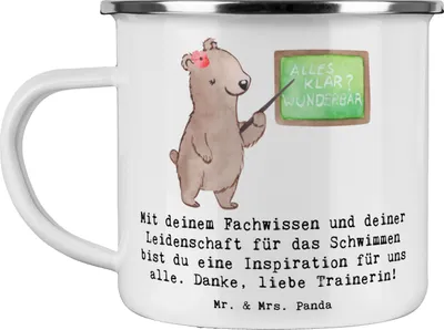 Produktbild von Mr. & Mrs. Panda Pott Schwimmen Trainerin Inspiration - Weiß - Geschenk, Emaille Tasse, Sportart, Schwimmer, Haferl, Danksagung, Blechtasse, Teetasse, Schwimmtraining