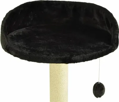 A close-up view of a cat tree perch with a hanging toy.