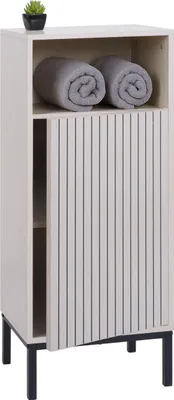 Obrázek produktu pro Komoda HWC-O42, koupelnová komoda Skříňka do koupelny s 1 dvířky, 3 úložné prostory, MDF melamin 98x39x30cm vzhled dřeva béžový