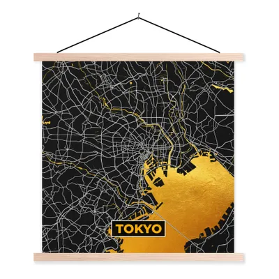 Produktbild von MuchoWow® Textilposter Tokio - Stadtplan - Gold - Karte 120x120 cm mit holzfarbenen Rahmen - Textil-Poster