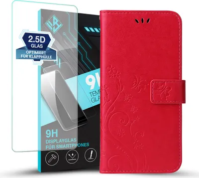 A red flip phone case with floral embossing and a screen protector are displayed against a white background.