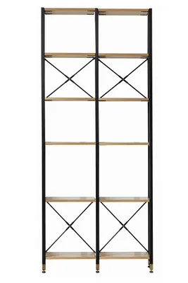 Produktbild von Möbilia Regal-Set | 2 schmale Regale, 12 Einlegeböden | MDF mit Akazie-Nachbildung, Gestell Metall | B 87,5 x T 30 x H 210 cm | natur-schwarz | 12020084 | Serie REGAL