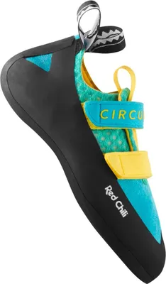 Kletterschuh "Circuit Junior" von RedChili; in Blau und Gelb mit zwei Klettverschlüssen.