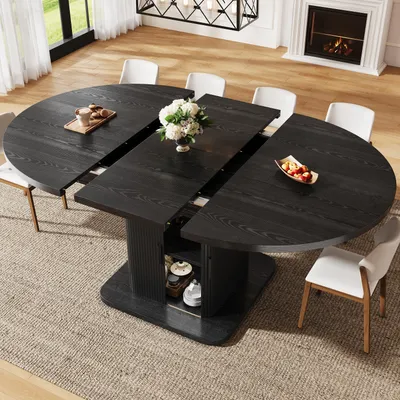 Obrázek produktu pro Rozkládací jídelní stůl MODFU s oválnou deskou (110–149,8 cm), integrovaným úložným prostorem a posuvnými dvířky – kuchyňský stůl s odkládací přihrádkou, černý