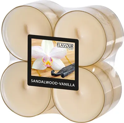 Produktbild von Flavour by GALA 8 "Flavour by GALA" Maxi Duftlichte Ø 59 mm · 24 mm elfenbein - Sandalwood-Vanilla in Polycarbonathülle | Folie (8 Stück)